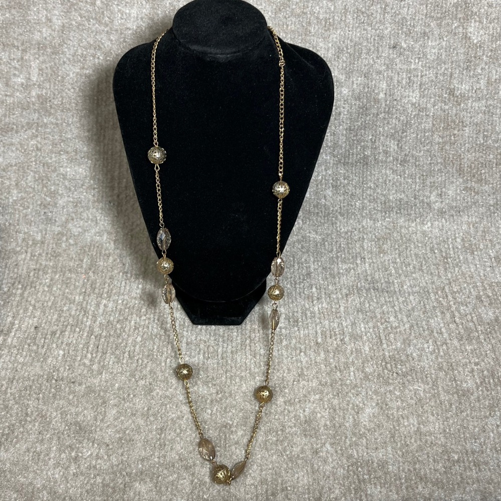 Long‎ Gold Tone Necklace With Faceted Beads and Filigree Balls